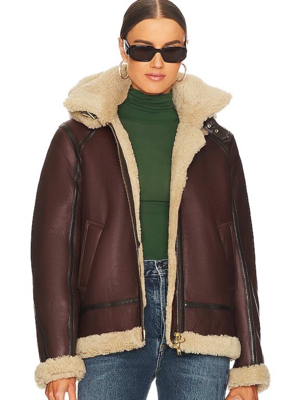 rag & bone Chocolate Brown Leather Shearling Jacket with Cream Trim